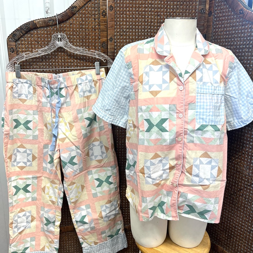 Lands end pajama set patchwork design medium 10-12 short sleeve cropped